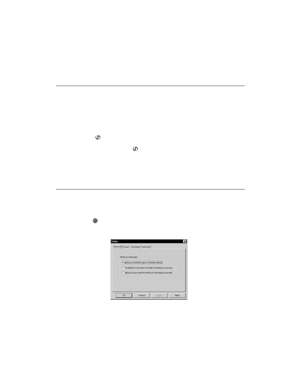 Conducting a local hotsync operation, Selecting hotsync setup options | Symbol Technologies SPT 1700 User Manual | Page 181 / 394