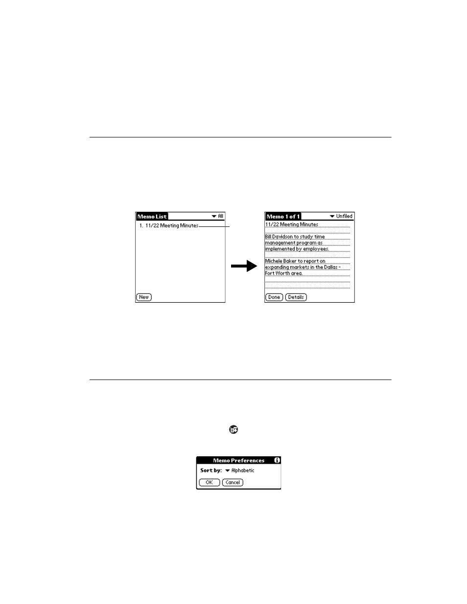 Reviewing memos, Arranging memos, Reviewing memos -5 arranging memos -5 | Symbol Technologies SPT 1700 User Manual | Page 261 / 394