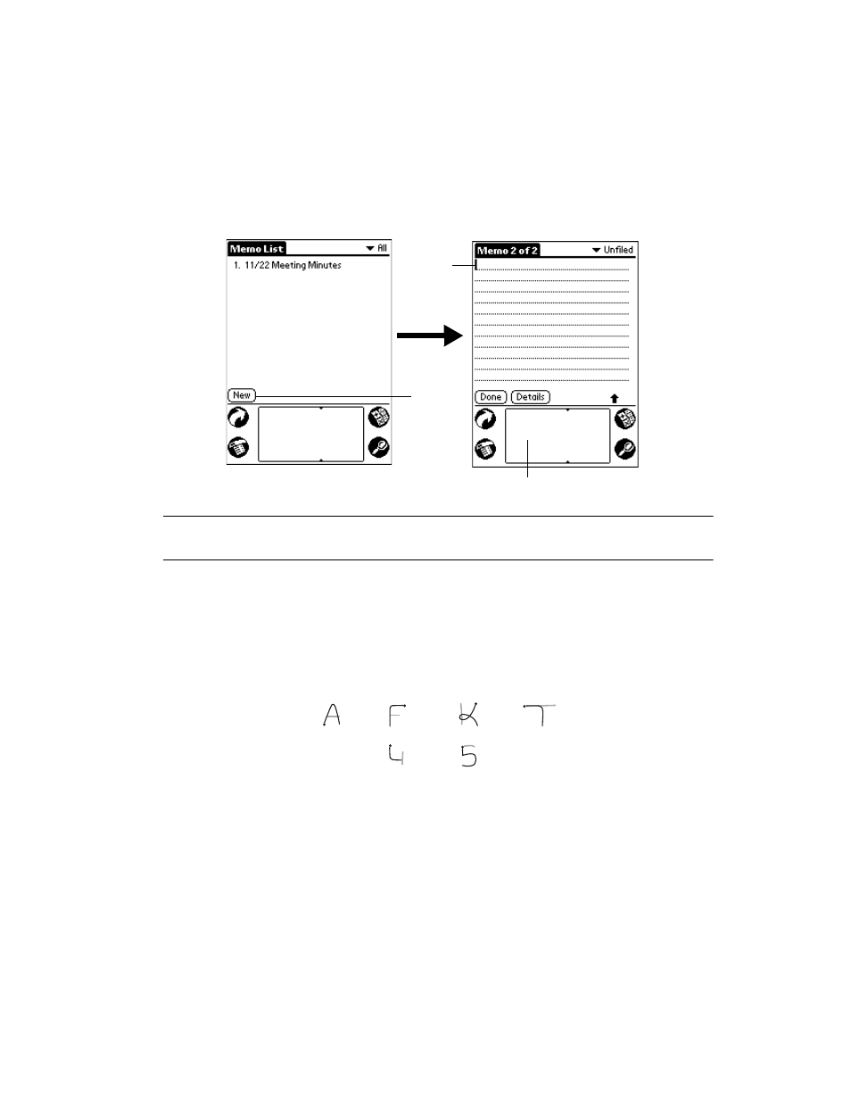 Writing letters with graffiti, Writing letters with graffiti -7, Af k t 4 5 | Symbol Technologies SPT 1700 User Manual | Page 83 / 394