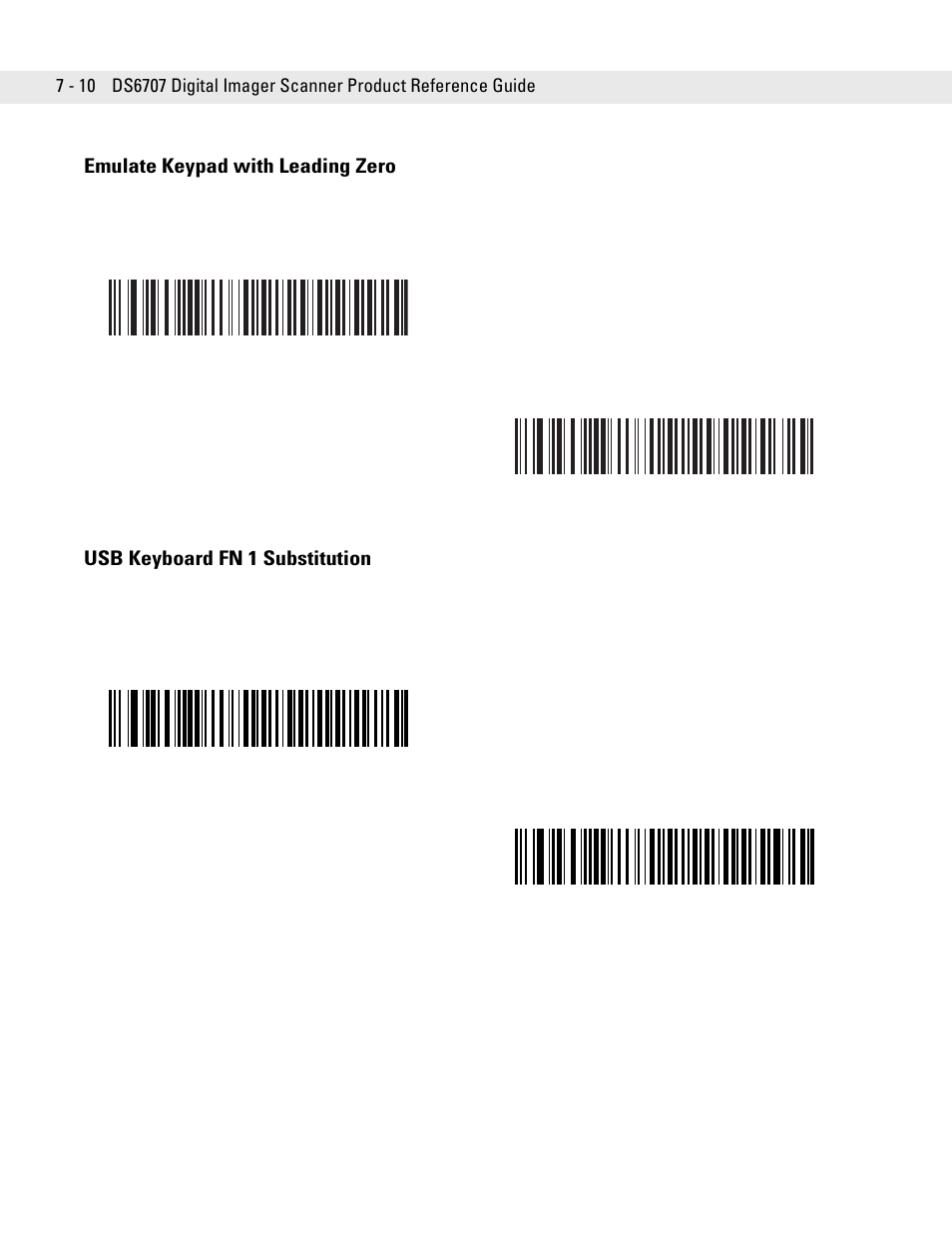 Emulate keypad with leading zero, Usb keyboard fn 1 substitution | Symbol Technologies DS6707 User Manual | Page 108 / 366