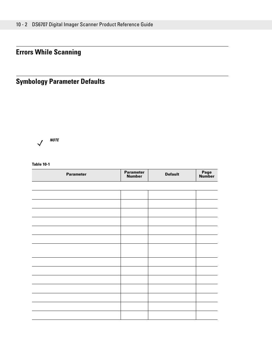 Errors while scanning, Symbology parameter defaults | Symbol Technologies DS6707 User Manual | Page 148 / 366