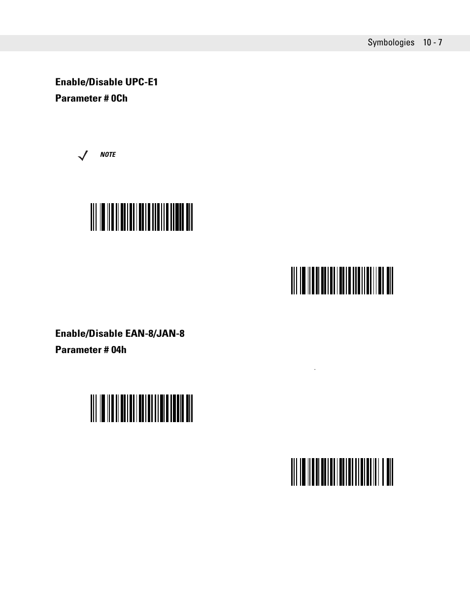 Enable/disable upc-e1, Enable/disable ean-8/jan-8, Enable/disable upc-e1 parameter # 0ch | Enable/disable ean-8/jan-8 parameter # 04h | Symbol Technologies DS6707 User Manual | Page 153 / 366