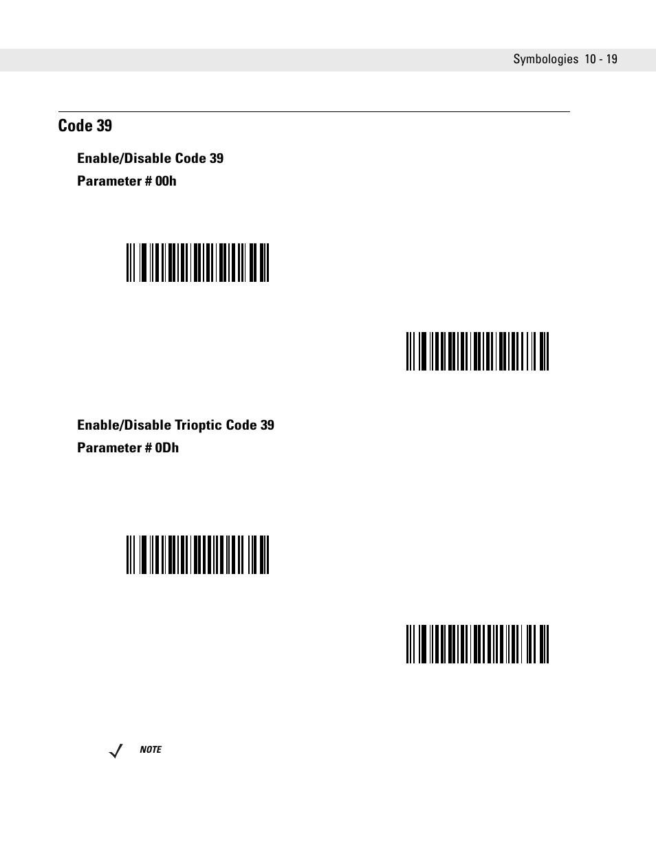 Code 39, Enable/disable code 39, Enable/disable trioptic code 39 | Code 39 -19 | Symbol Technologies DS6707 User Manual | Page 165 / 366