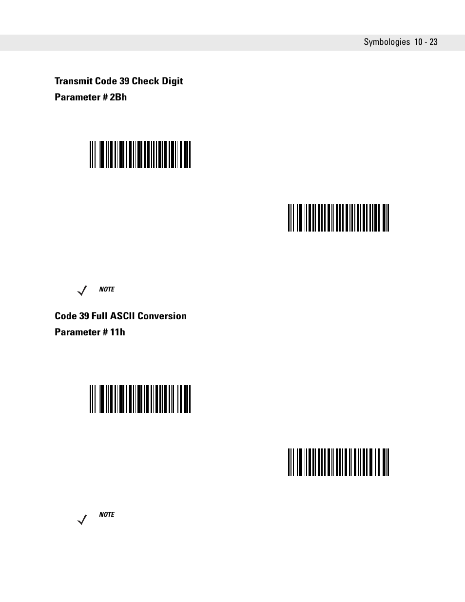 Transmit code 39 check digit, Code 39 full ascii conversion, Transmit code 39 check digit parameter # 2bh | Code 39 full ascii conversion parameter # 11h | Symbol Technologies DS6707 User Manual | Page 169 / 366