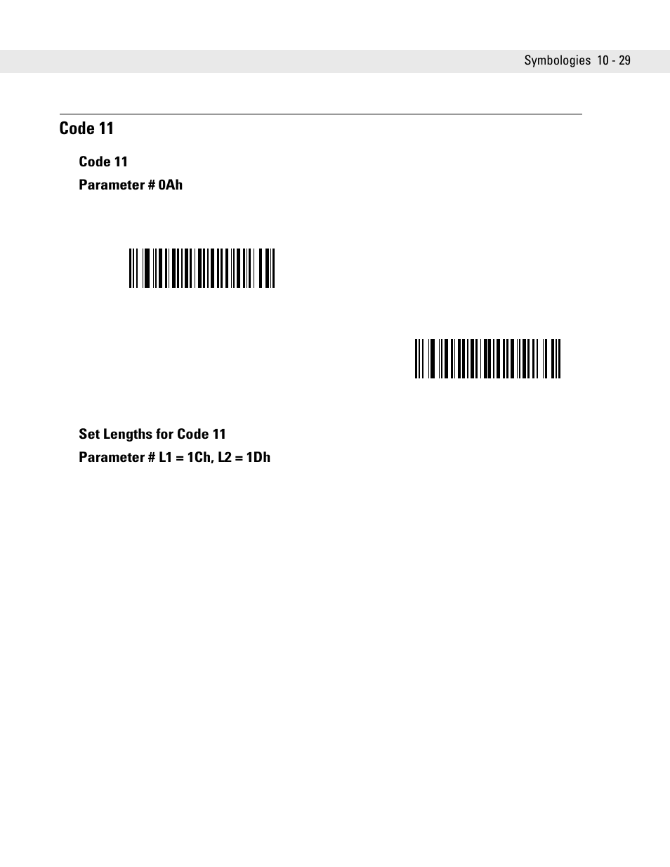 Code 11, Set lengths for code 11, Code 11 -29 | Code 11 -29 set lengths for code 11 -29, Code 11 parameter # 0ah | Symbol Technologies DS6707 User Manual | Page 175 / 366