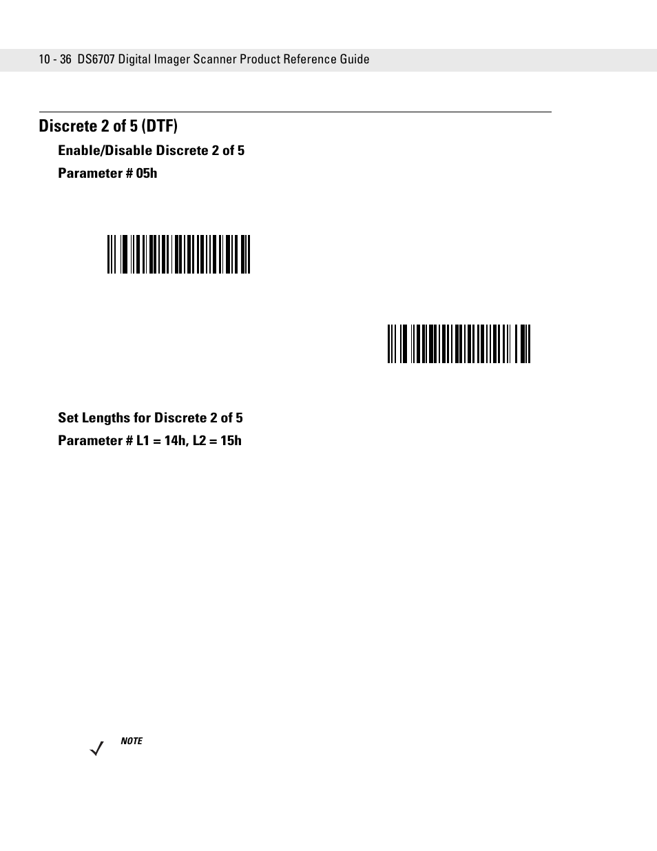 Discrete 2 of 5 (dtf), Enable/disable discrete 2 of 5, Set lengths for discrete 2 of 5 | Discrete 2 of 5 (dtf) -36, Enable/disable discrete 2 of 5 parameter # 05h | Symbol Technologies DS6707 User Manual | Page 182 / 366