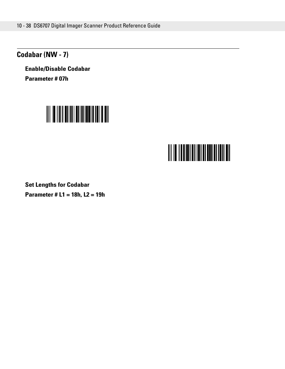 Codabar (nw - 7), Enable/disable codabar, Set lengths for codabar | Codabar (nw - 7) -38, Enable/disable codabar parameter # 07h | Symbol Technologies DS6707 User Manual | Page 184 / 366