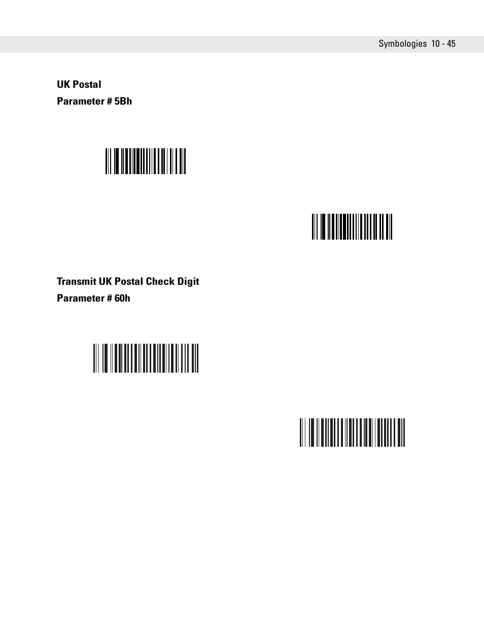 Uk postal, Transmit uk postal check digit, Uk postal -45 transmit uk postal check digit -45 | Uk postal parameter # 5bh, Transmit uk postal check digit parameter # 60h | Symbol Technologies DS6707 User Manual | Page 191 / 366