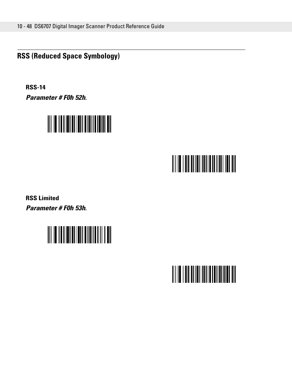 Rss (reduced space symbology), Rss-14, Rss limited | Rss (reduced space symbology) -48, Rss-14 -48 rss limited -48, Parameter # f0h 52h, Parameter # f0h 53h | Symbol Technologies DS6707 User Manual | Page 194 / 366