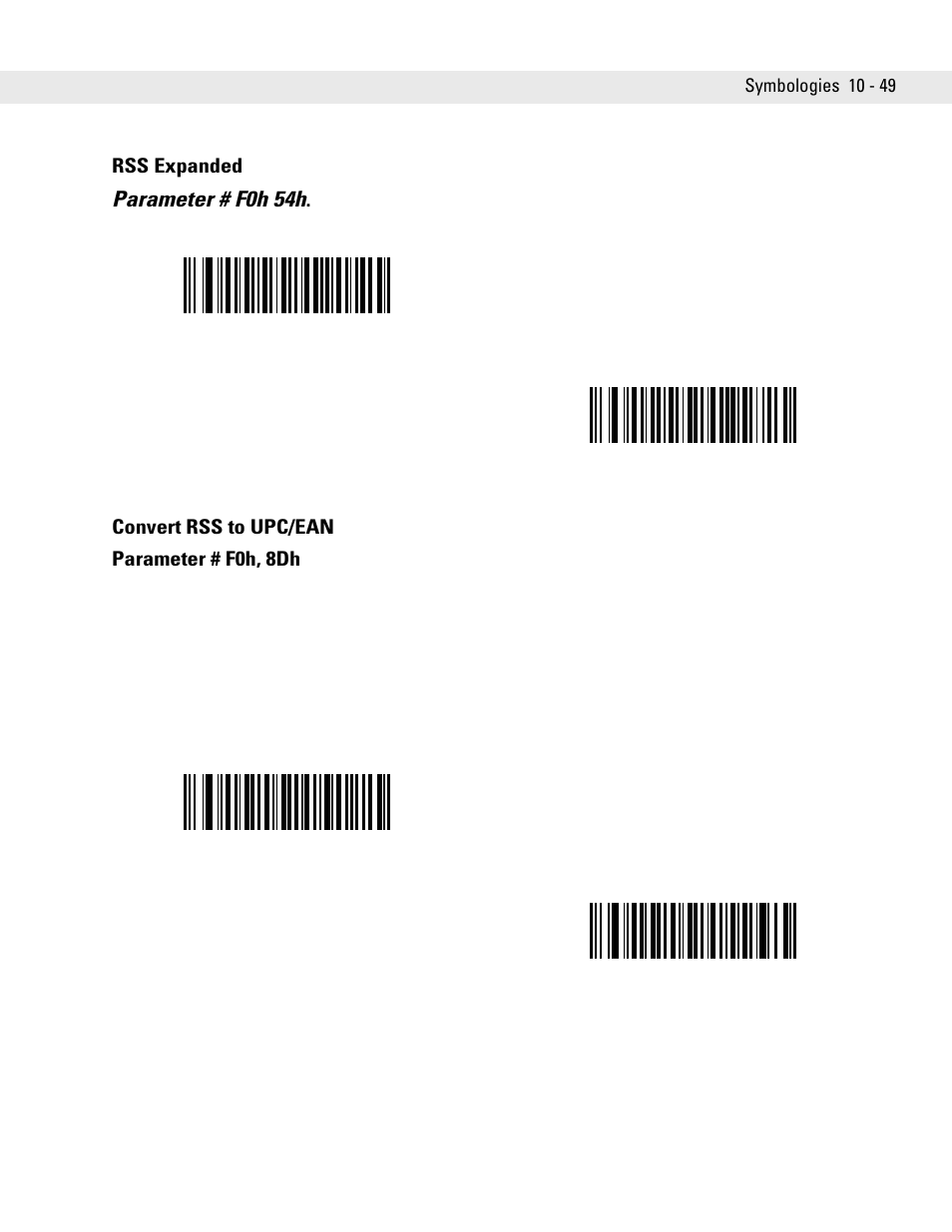 Rss expanded, Convert rss to upc/ean, Rss expanded -49 convert rss to upc/ean -49 | Parameter # f0h 54h | Symbol Technologies DS6707 User Manual | Page 195 / 366