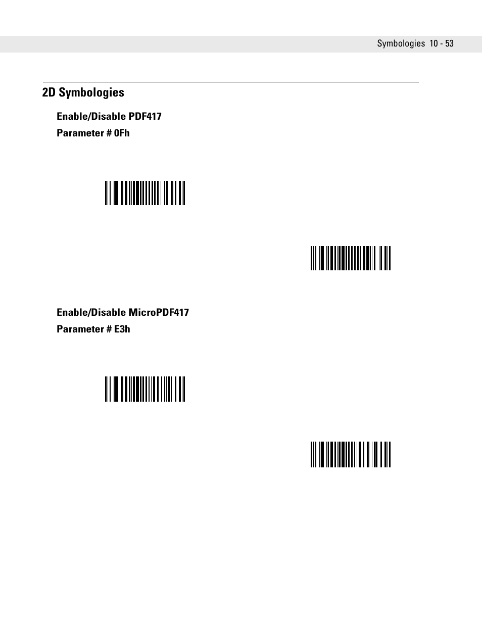 2d symbologies, Enable/disable pdf417, Enable/disable micropdf417 | 2d symbologies -53 | Symbol Technologies DS6707 User Manual | Page 199 / 366