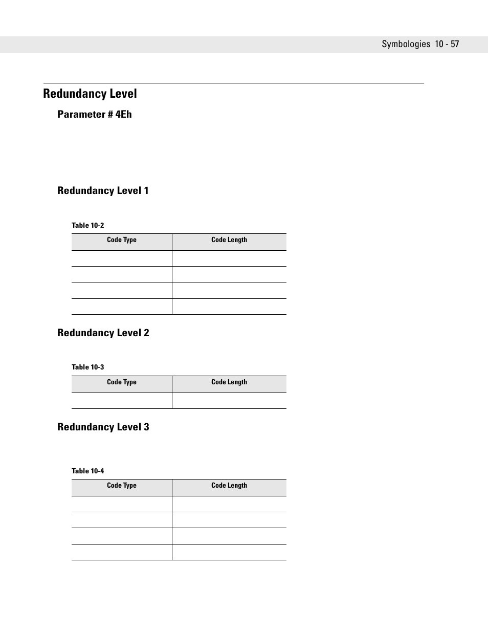 Redundancy level, Redundancy level 1, Redundancy level 2 | Redundancy level 3, Redundancy level -57, Parameter # 4eh | Symbol Technologies DS6707 User Manual | Page 203 / 366