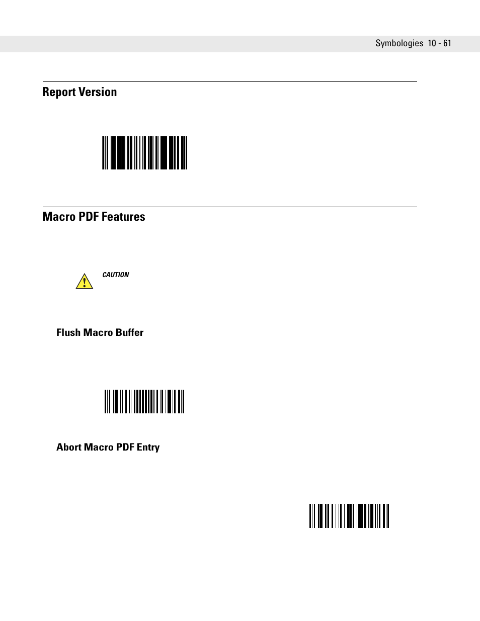 Report version, Macro pdf features, Flush macro buffer | Abort macro pdf entry, Report version -61 macro pdf features -61, Flush macro buffer -61 abort macro pdf entry -61 | Symbol Technologies DS6707 User Manual | Page 207 / 366