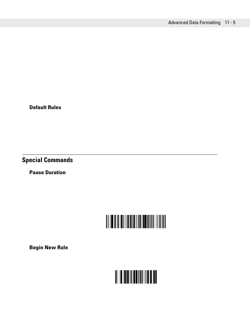 Default rules, Special commands, Pause duration | Begin new rule, Default rules -5, Special commands -5, Pause duration -5 begin new rule -5 | Symbol Technologies DS6707 User Manual | Page 213 / 366
