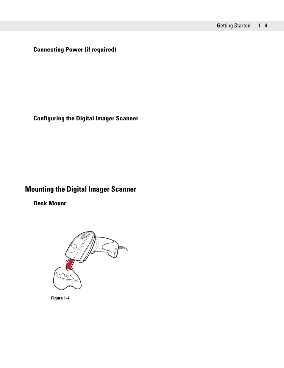 Connecting power (if required), Configuring the digital imager scanner, Mounting the digital imager scanner | Desk mount, Mounting the digital imager scanner -4, Desk mount -4 | Symbol Technologies DS6707 User Manual | Page 25 / 366