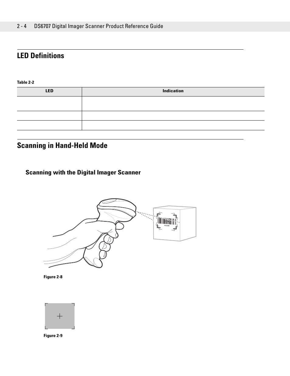 Led definitions, Scanning in hand-held mode, Scanning with the digital imager scanner | Led definitions -4 scanning in hand-held mode -4, Scanning with the digital imager scanner -4 | Symbol Technologies DS6707 User Manual | Page 30 / 366