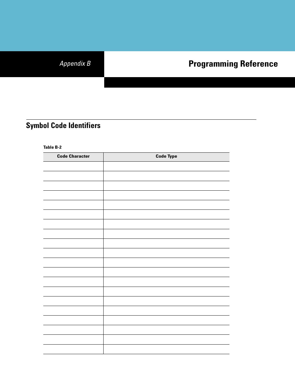 Programming reference, Symbol code identifiers, Appendix b: programming reference | Appendix b | Symbol Technologies DS6707 User Manual | Page 317 / 366