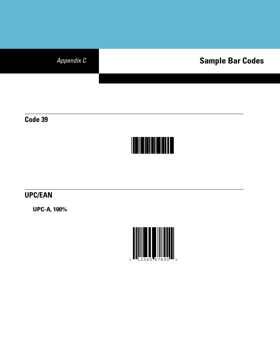 Sample bar codes, Code 39, Upc/ean | Upc-a, 100, Appendix c: sample bar codes, Code 39 upc/ean | Symbol Technologies DS6707 User Manual | Page 325 / 366