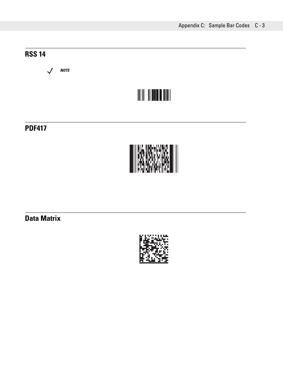 Rss 14, Pdf417, Data matrix | Pdf417 data matrix | Symbol Technologies DS6707 User Manual | Page 327 / 366