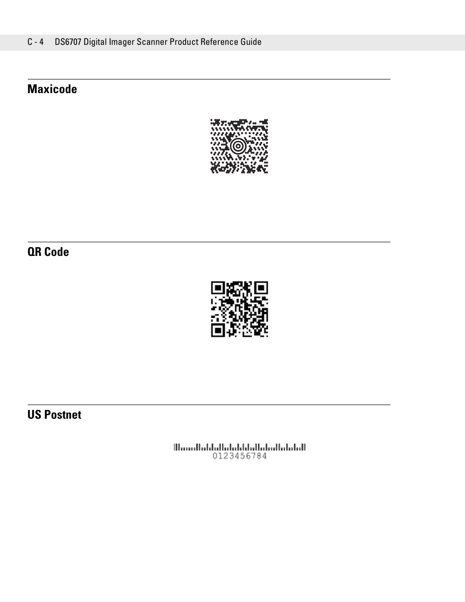 Maxicode, Qr code, Us postnet | Symbol Technologies DS6707 User Manual | Page 328 / 366