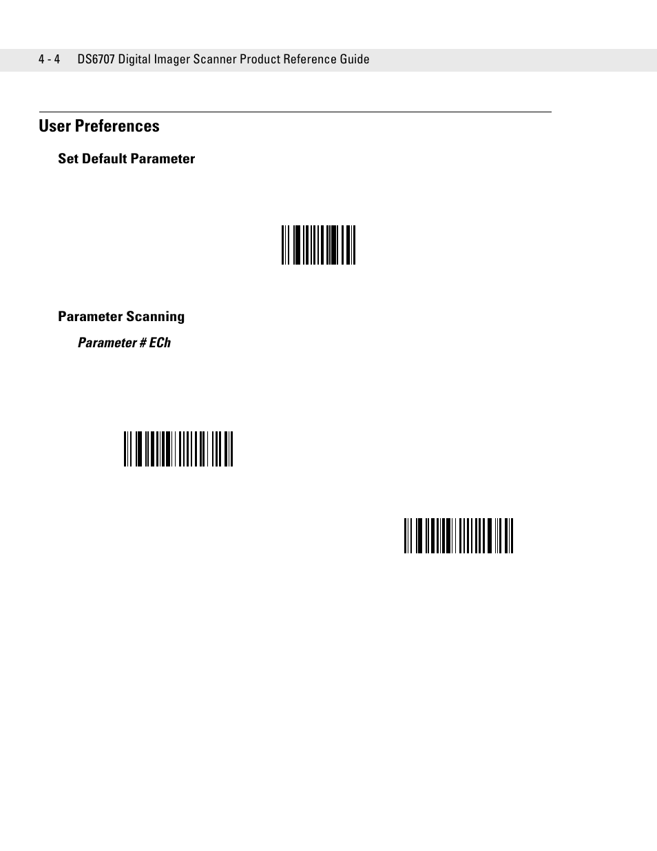 User preferences, Set default parameter, Parameter scanning | User preferences -4, Set default parameter -4 parameter scanning -4, Set all defaults | Symbol Technologies DS6707 User Manual | Page 46 / 366