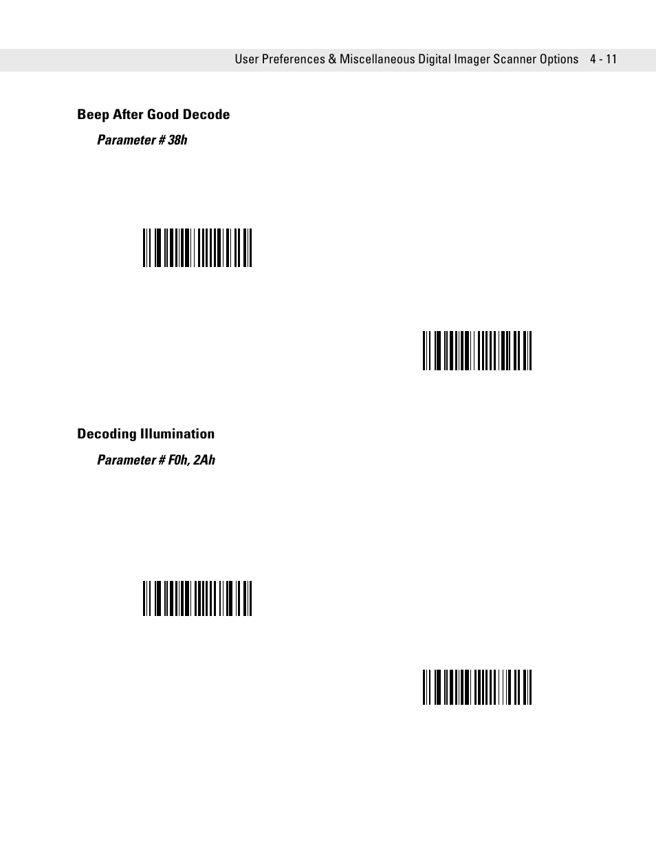 Decoding illumination, Decoding illumination -11, Beep after good decode parameter # 38h | Decoding illumination parameter # f0h, 2ah | Symbol Technologies DS6707 User Manual | Page 53 / 366