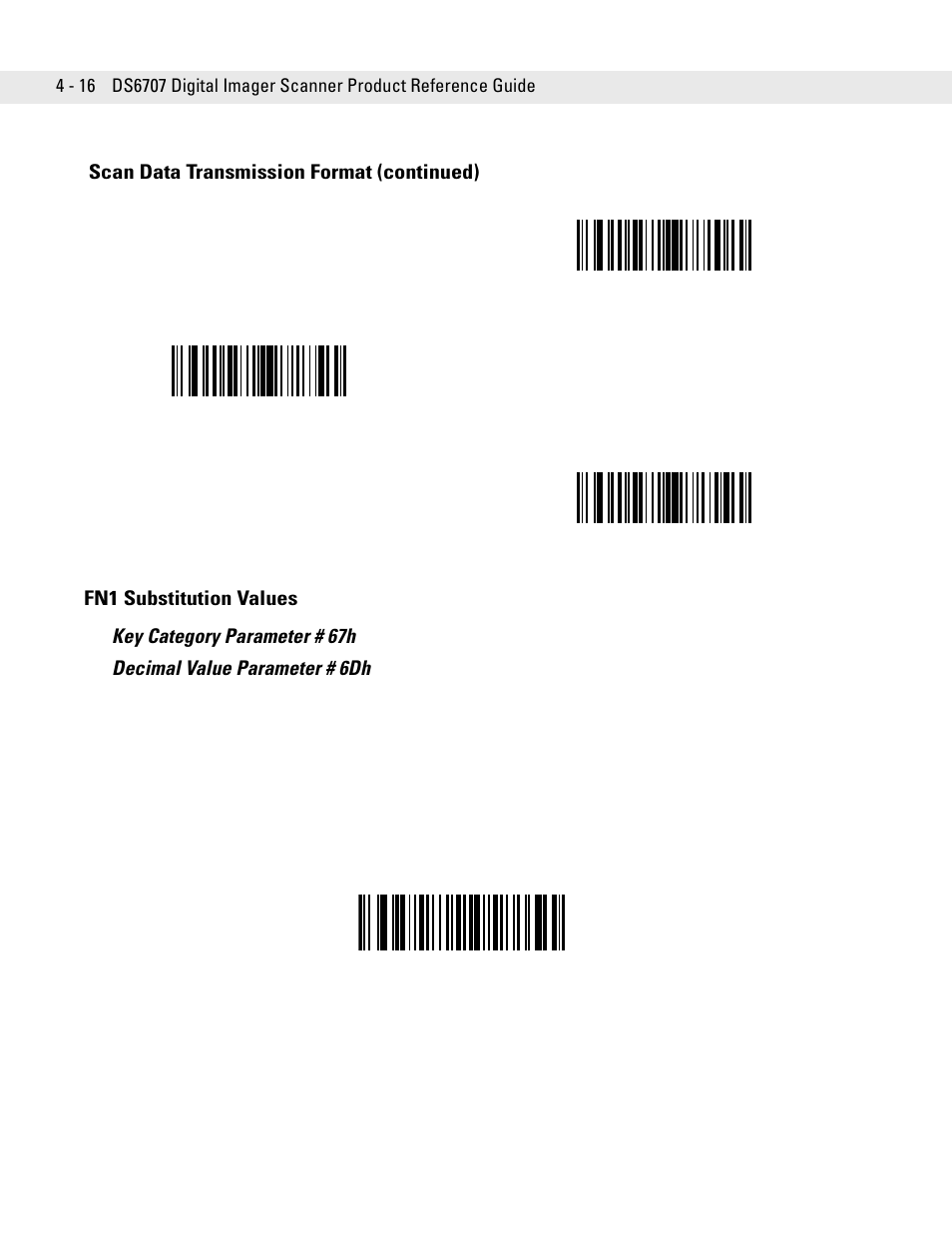 Fn1 substitution values, Fn1 substitution values -16, Scan data transmission format (continued) | Symbol Technologies DS6707 User Manual | Page 58 / 366