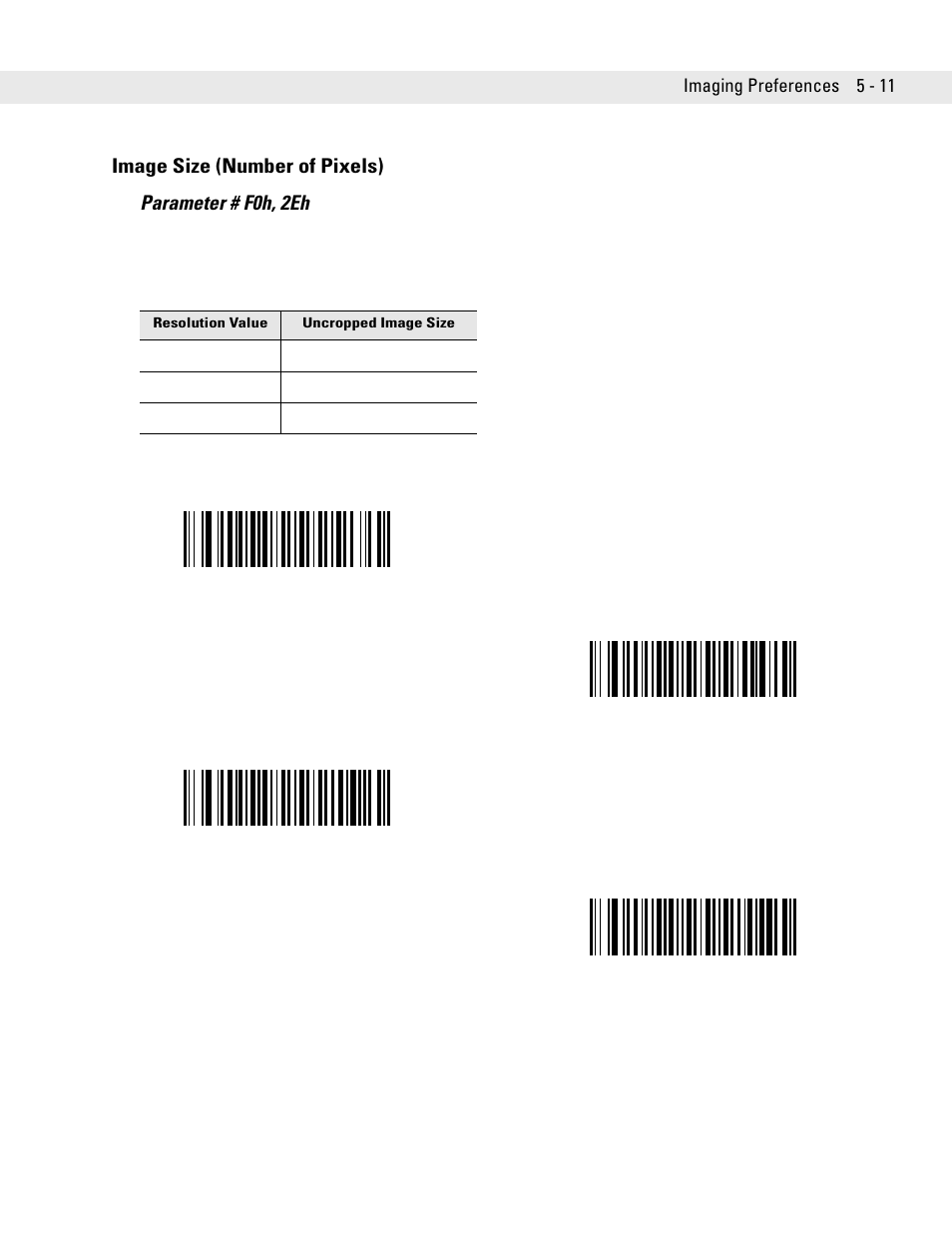 Image size (number of pixels), Image size (number of pixels) -11, Image size (number of pixels) parameter # f0h, 2eh | Symbol Technologies DS6707 User Manual | Page 71 / 366