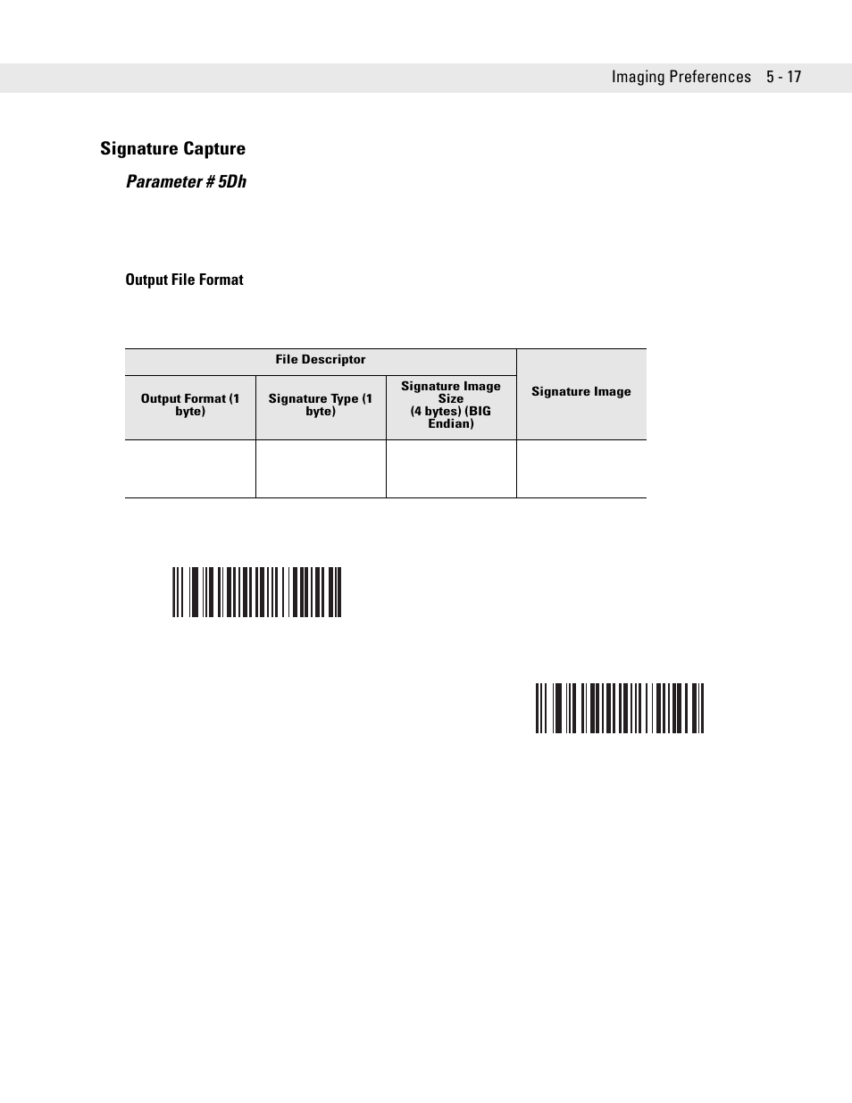 Signature capture, Output file format, Signature capture -17 | Output file format -17, Signature capture parameter # 5dh | Symbol Technologies DS6707 User Manual | Page 77 / 366