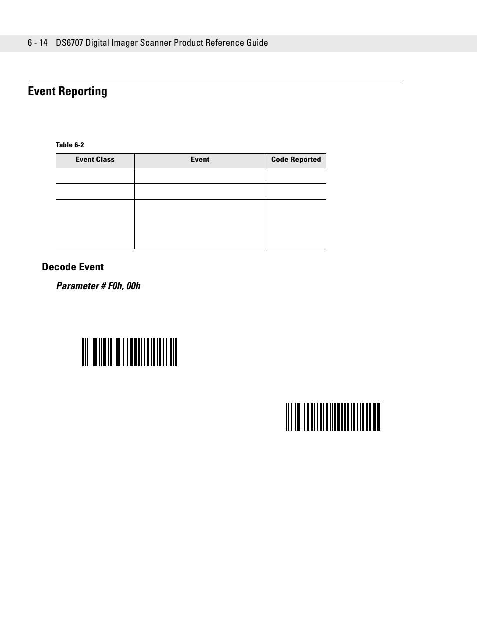 Event reporting, Decode event, Event reporting -14 | Decode event -14, Decode event parameter # f0h, 00h | Symbol Technologies DS6707 User Manual | Page 96 / 366