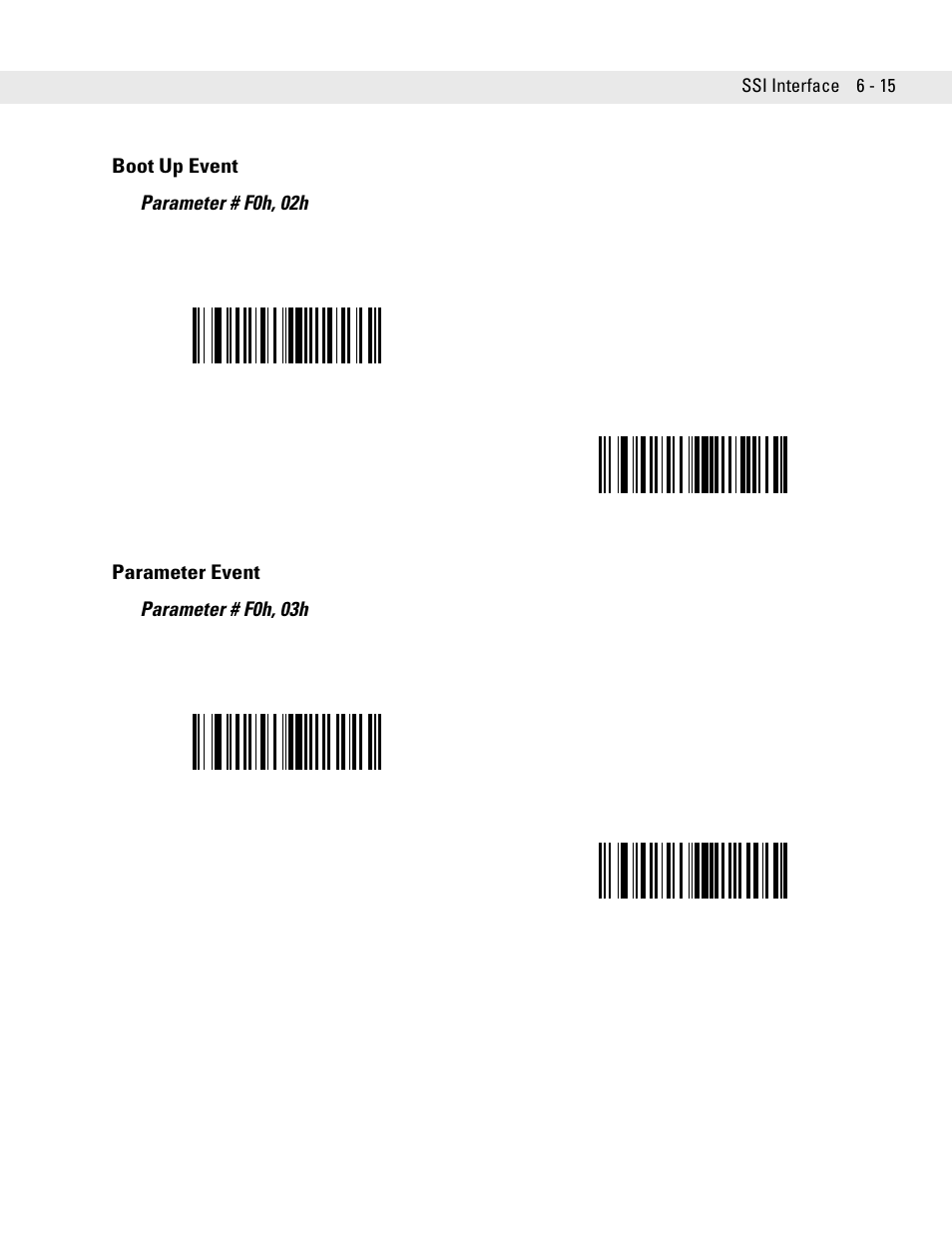 Boot up event, Parameter event, Boot up event -15 parameter event -15 | Boot up event parameter # f0h, 02h, Parameter event parameter # f0h, 03h | Symbol Technologies DS6707 User Manual | Page 97 / 366
