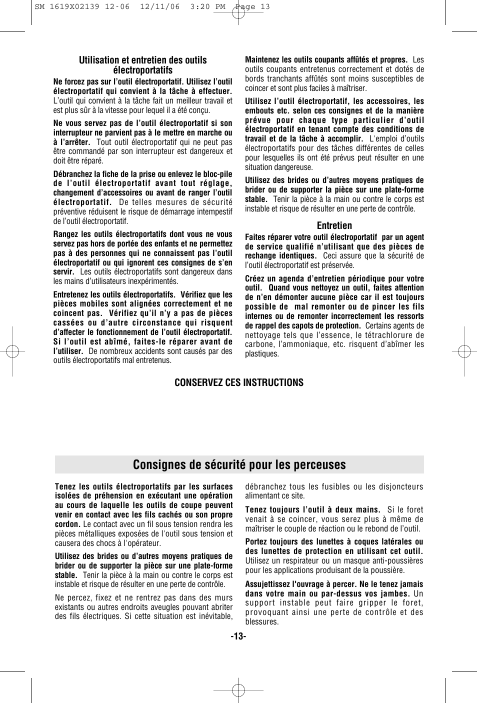 Consignes de sécurité pour les perceuses | Skil 6237 User Manual | Page 13 / 32