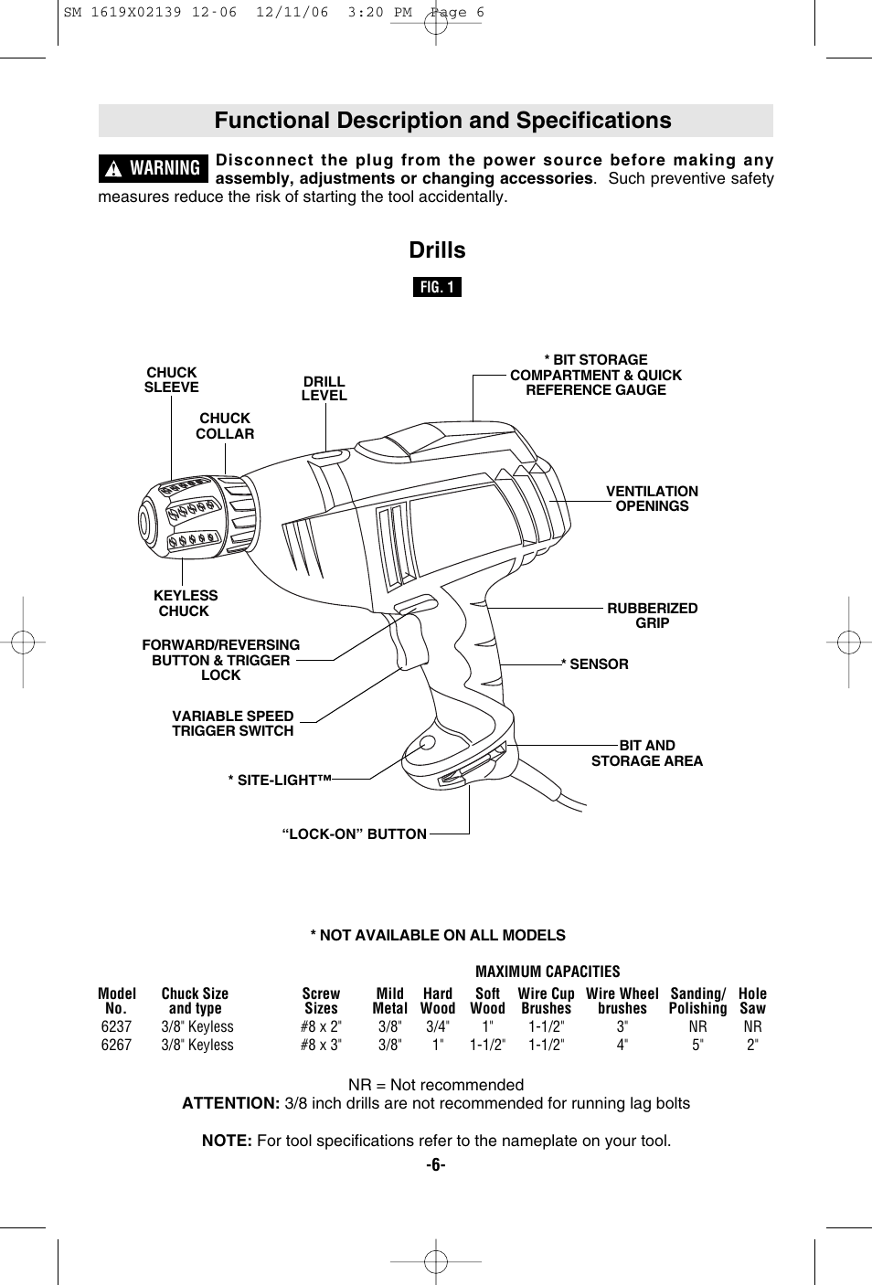 Functional description and specifications, Drills, Warning | Skil 6237 User Manual | Page 6 / 32