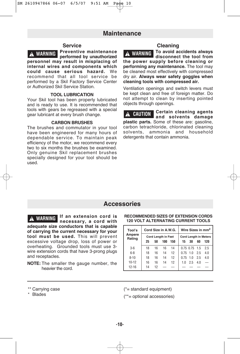 Maintenance accessories, Service, Cleaning | Warning, Caution | Skil 9205 User Manual | Page 10 / 32