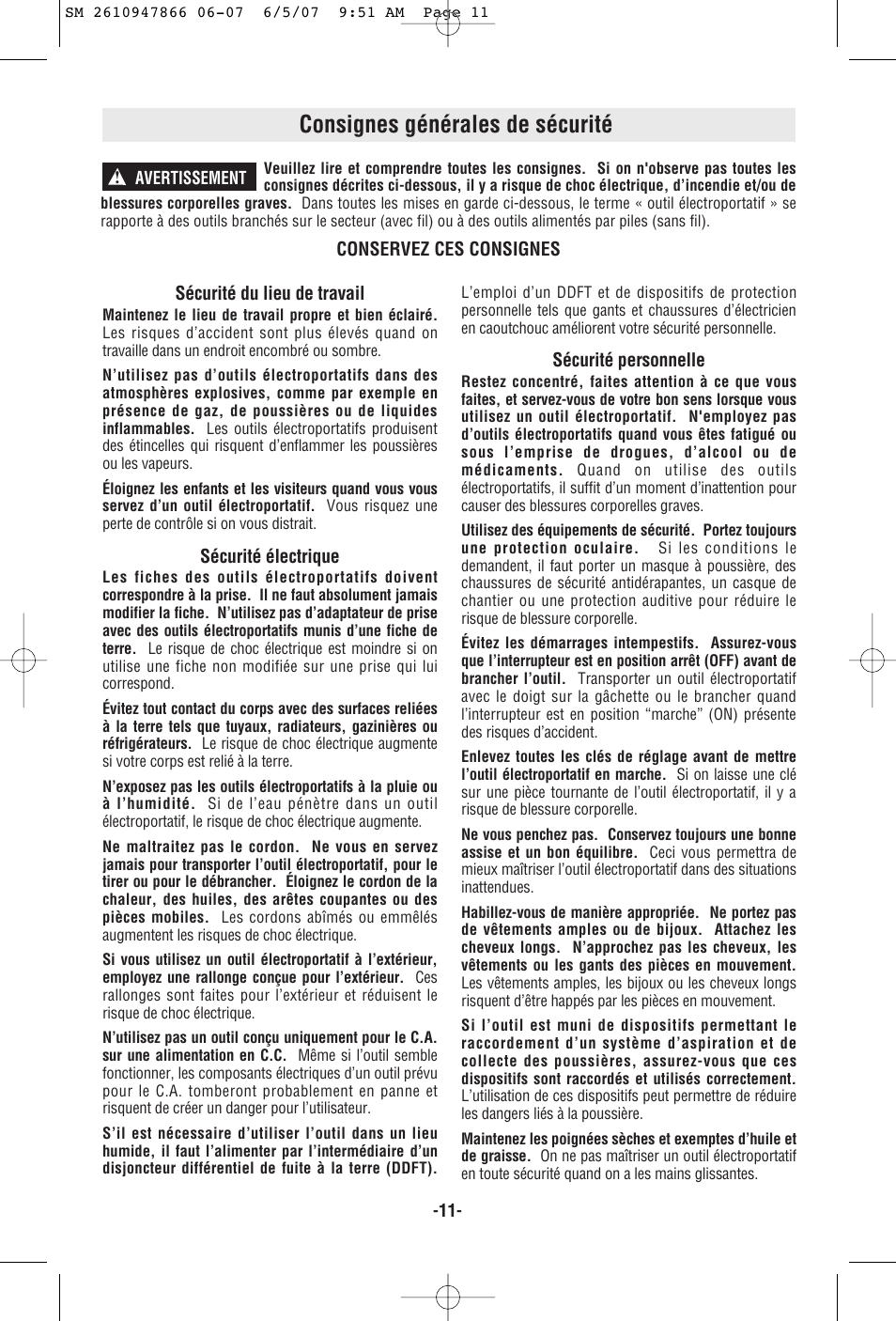 Consignes générales de sécurité | Skil 9205 User Manual | Page 11 / 32