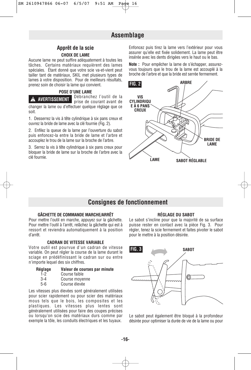 Assemblage, Consignes de fonctionnement, Apprêt de la scie | Skil 9205 User Manual | Page 16 / 32