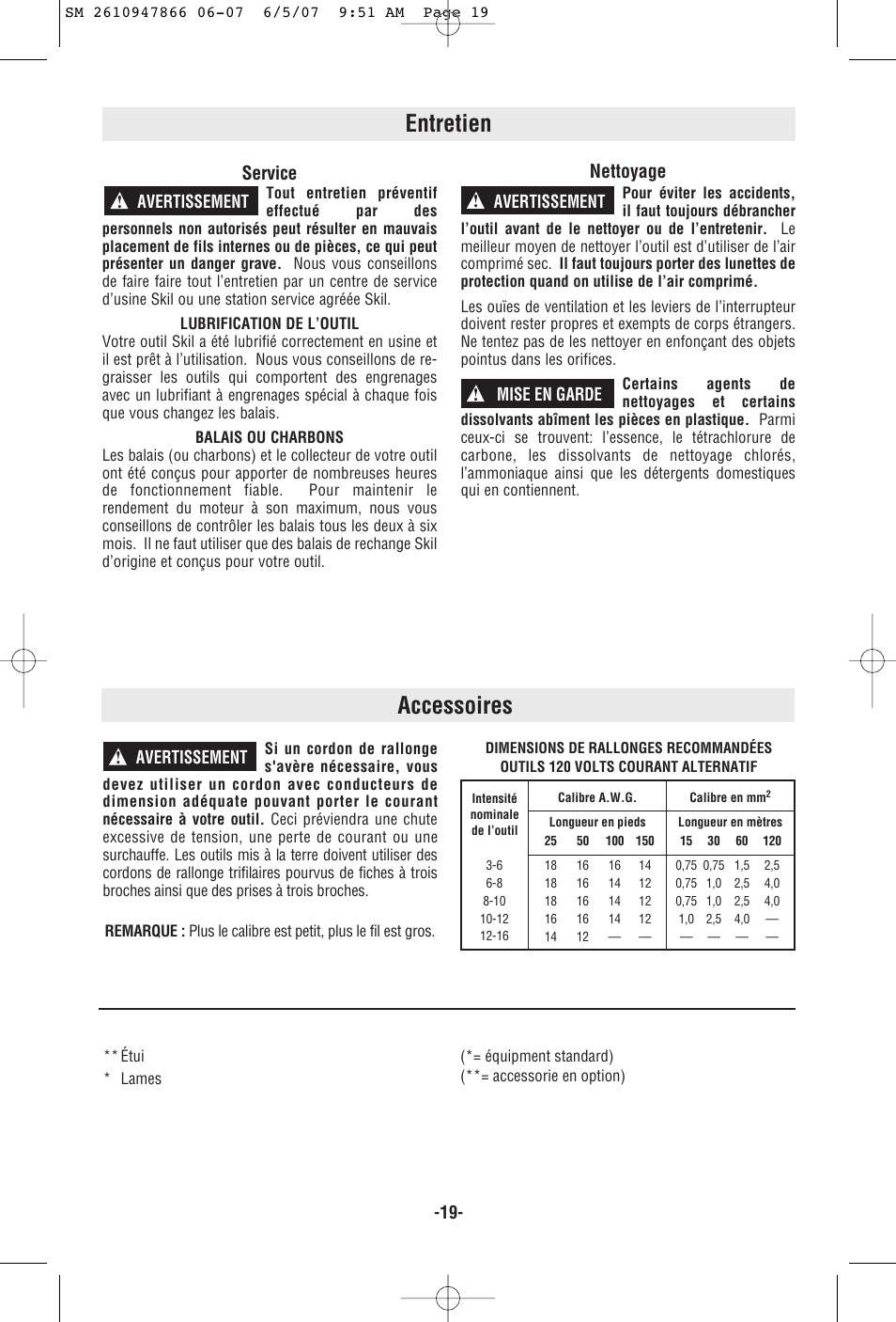 Entretien, Accessoires, Service | Nettoyage, Avertissement ! avertissement, Avertissement, Mise en garde | Skil 9205 User Manual | Page 19 / 32