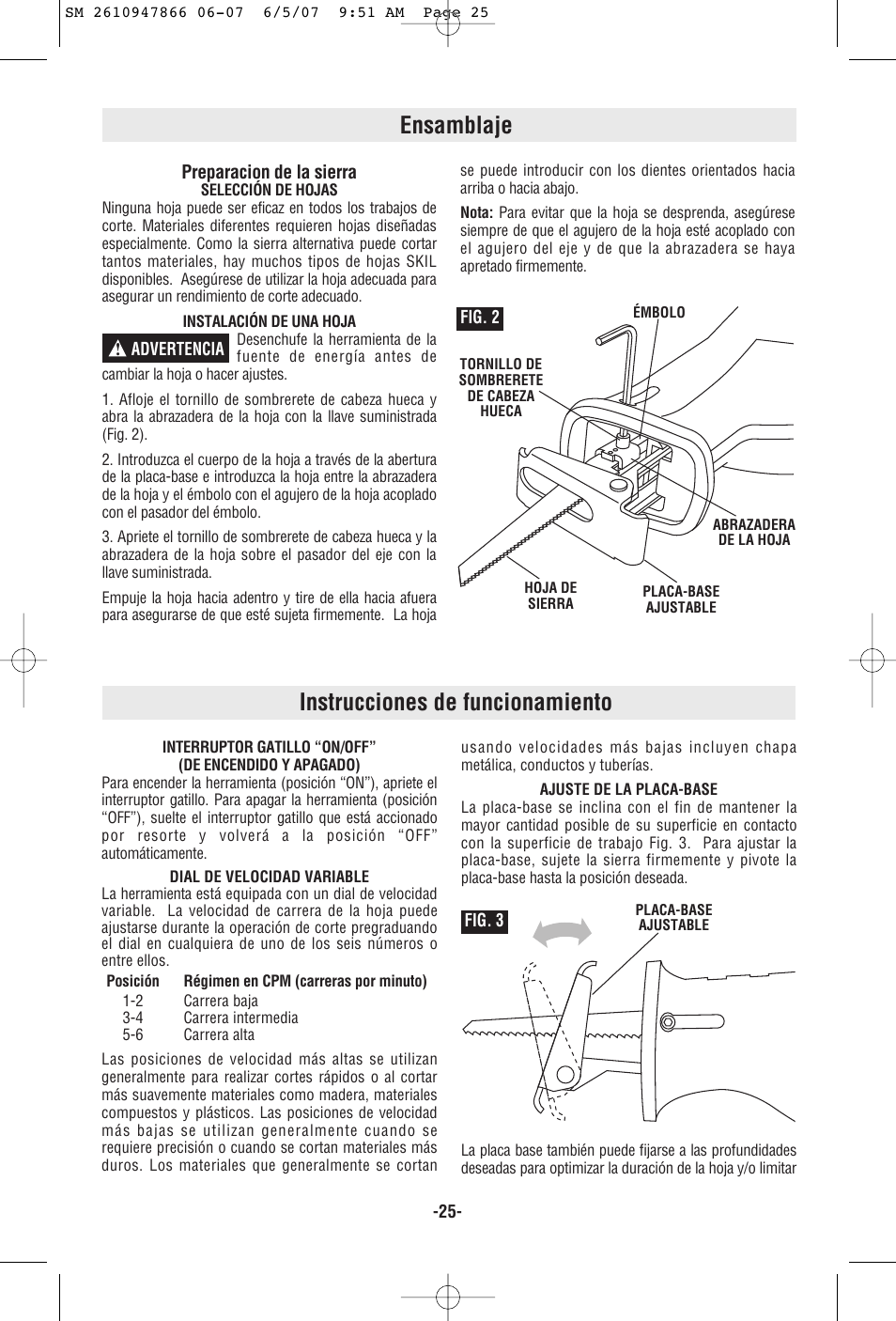 Ensamblaje, Instrucciones de funcionamiento | Skil 9205 User Manual | Page 25 / 32