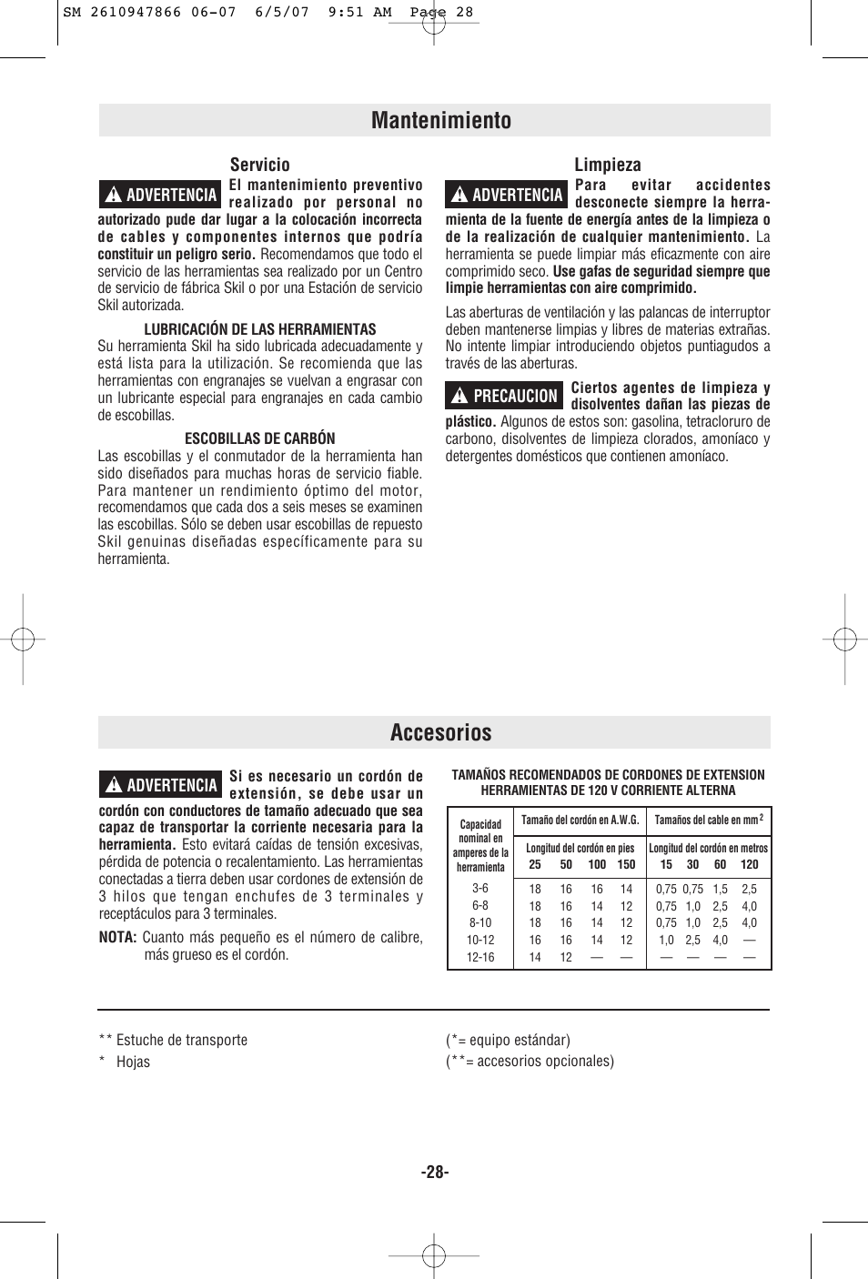 Mantenimiento accesorios, Servicio, Limpieza | Advertencia ! advertencia ! precaucion, Advertencia | Skil 9205 User Manual | Page 28 / 32