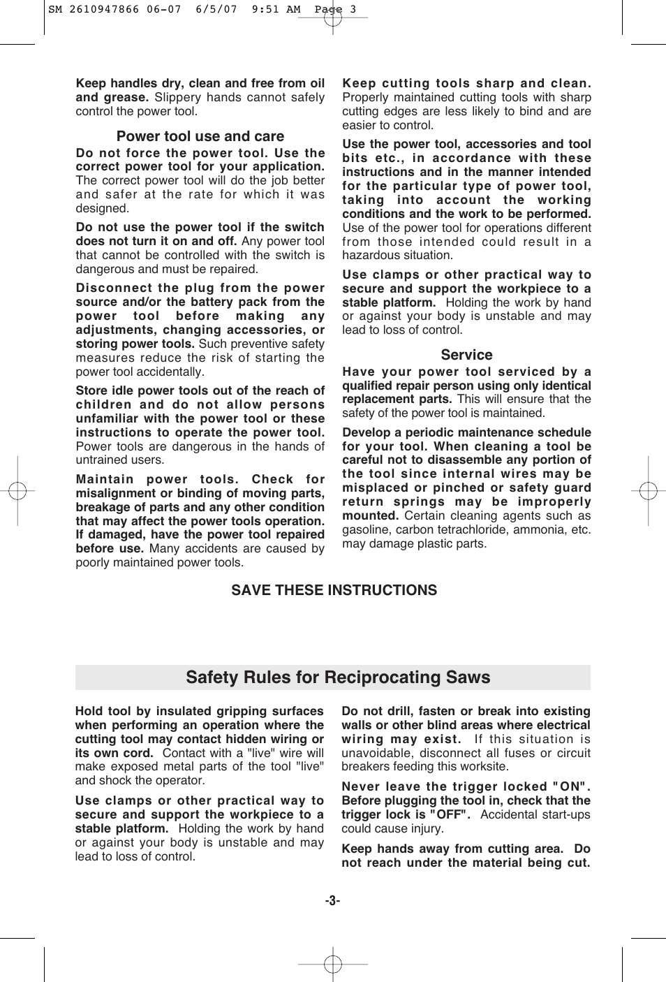 Safety rules for reciprocating saws | Skil 9205 User Manual | Page 3 / 32