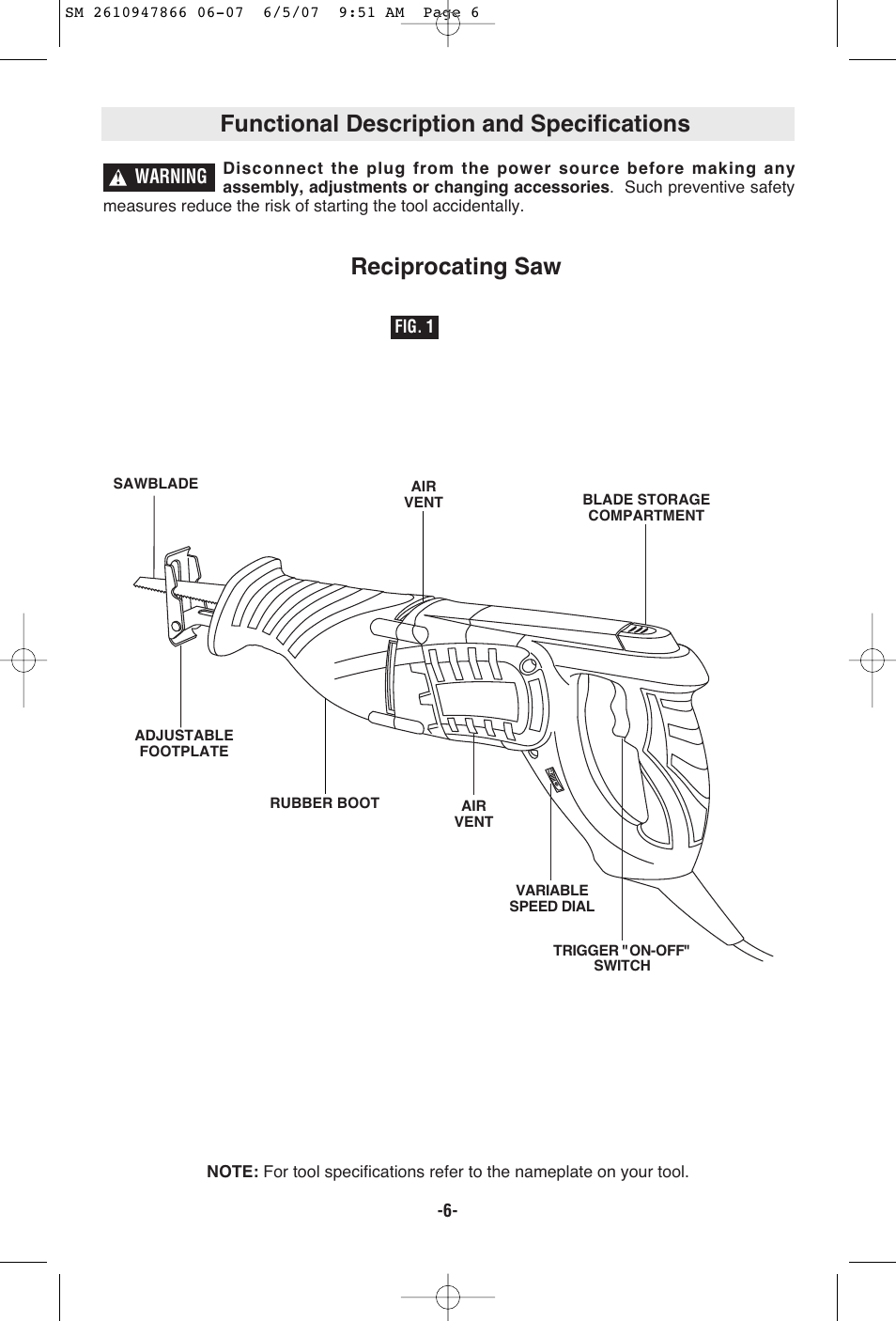 Functional description and specifications, Reciprocating saw | Skil 9205 User Manual | Page 6 / 32