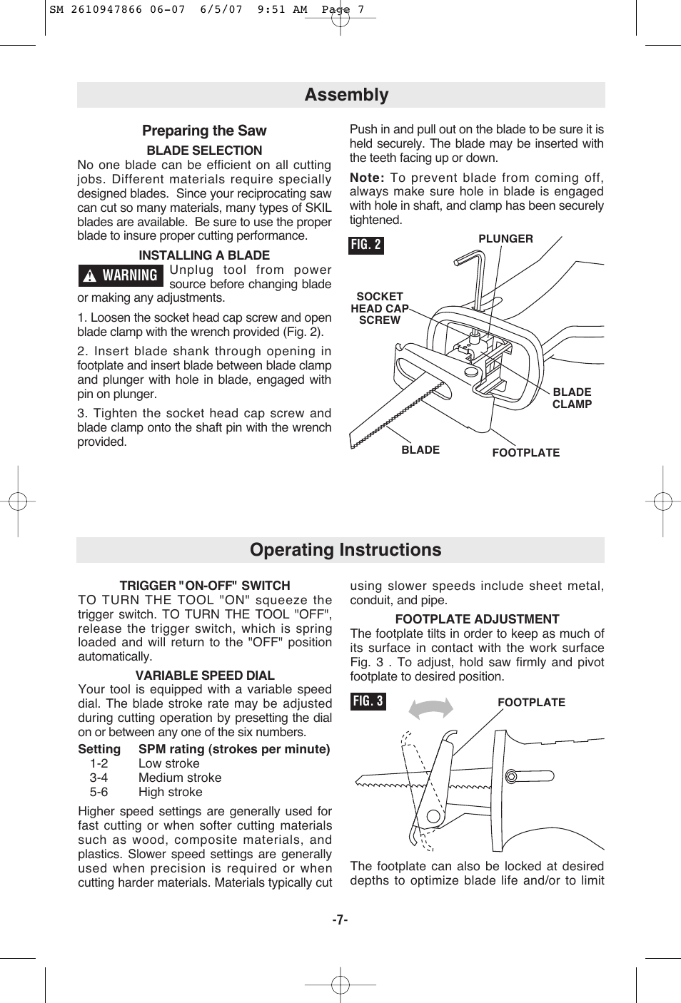 Assembly, Operating instructions | Skil 9205 User Manual | Page 7 / 32