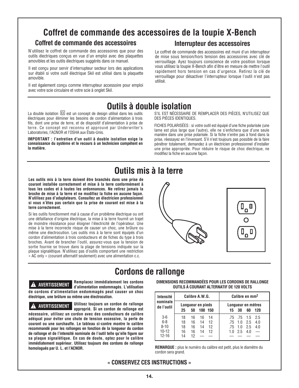 Outils à double isolation outils mis à la terre, Cordons de rallonge, Coffret de commande des accessoires | Interrupteur des accessoires, Conservez ces instructions | Skil 3100 User Manual | Page 14 / 32