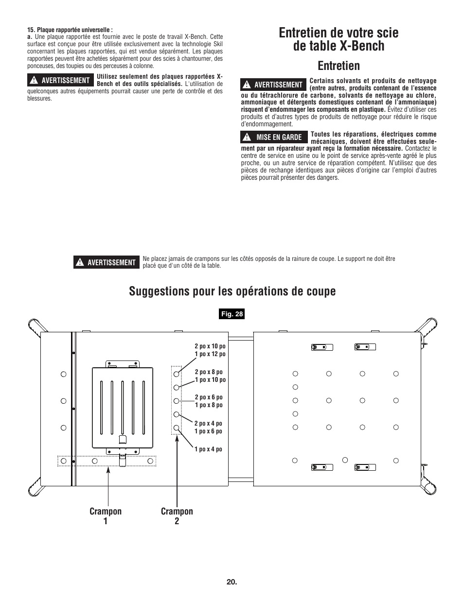 Entretien de votre scie de table x-bench, Entretien, Suggestions pour les opérations de coupe | Skil 3100 User Manual | Page 20 / 32