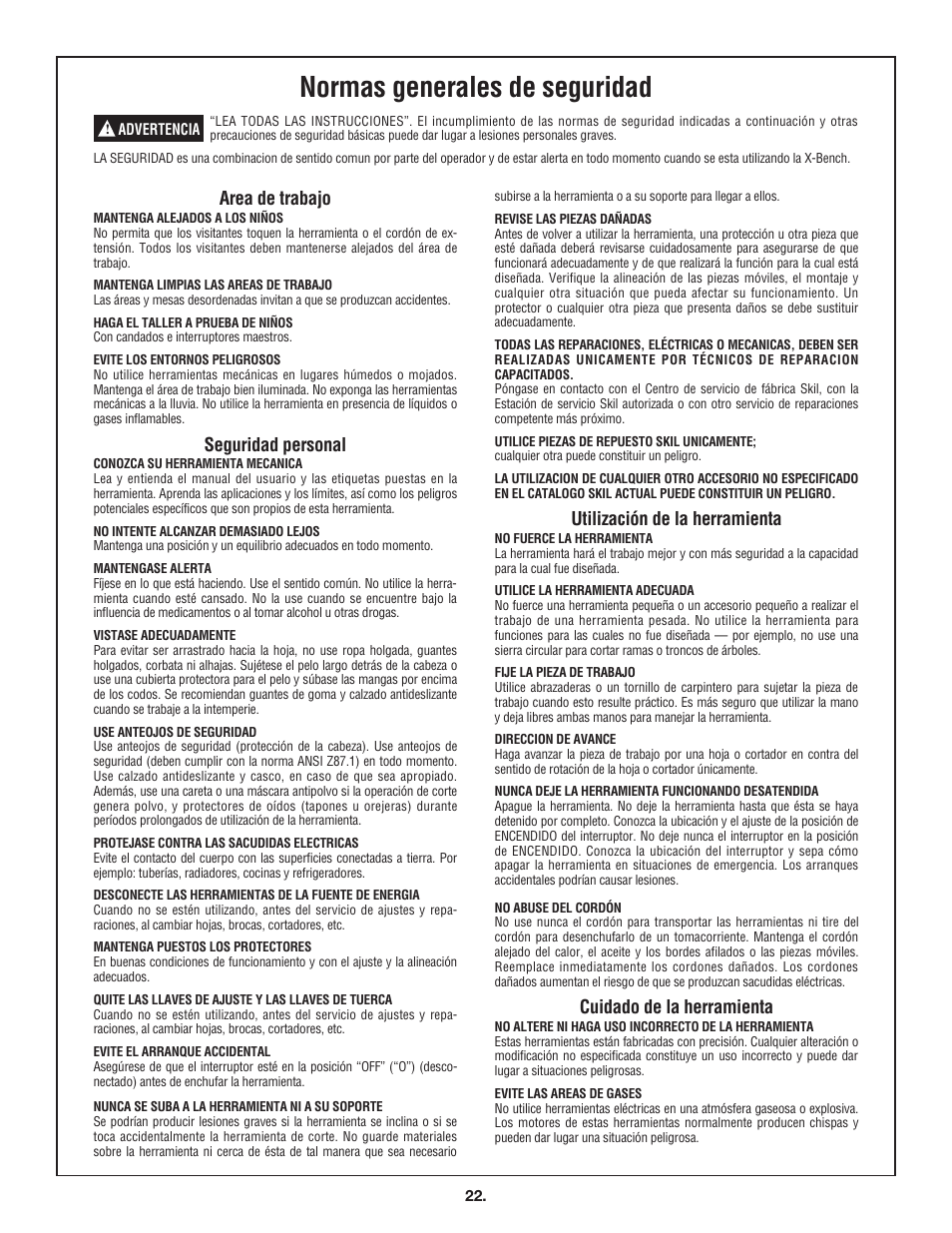 Normas generales de seguridad, Area de trabajo, Seguridad personal | Utilización de la herramienta, Cuidado de la herramienta | Skil 3100 User Manual | Page 22 / 32