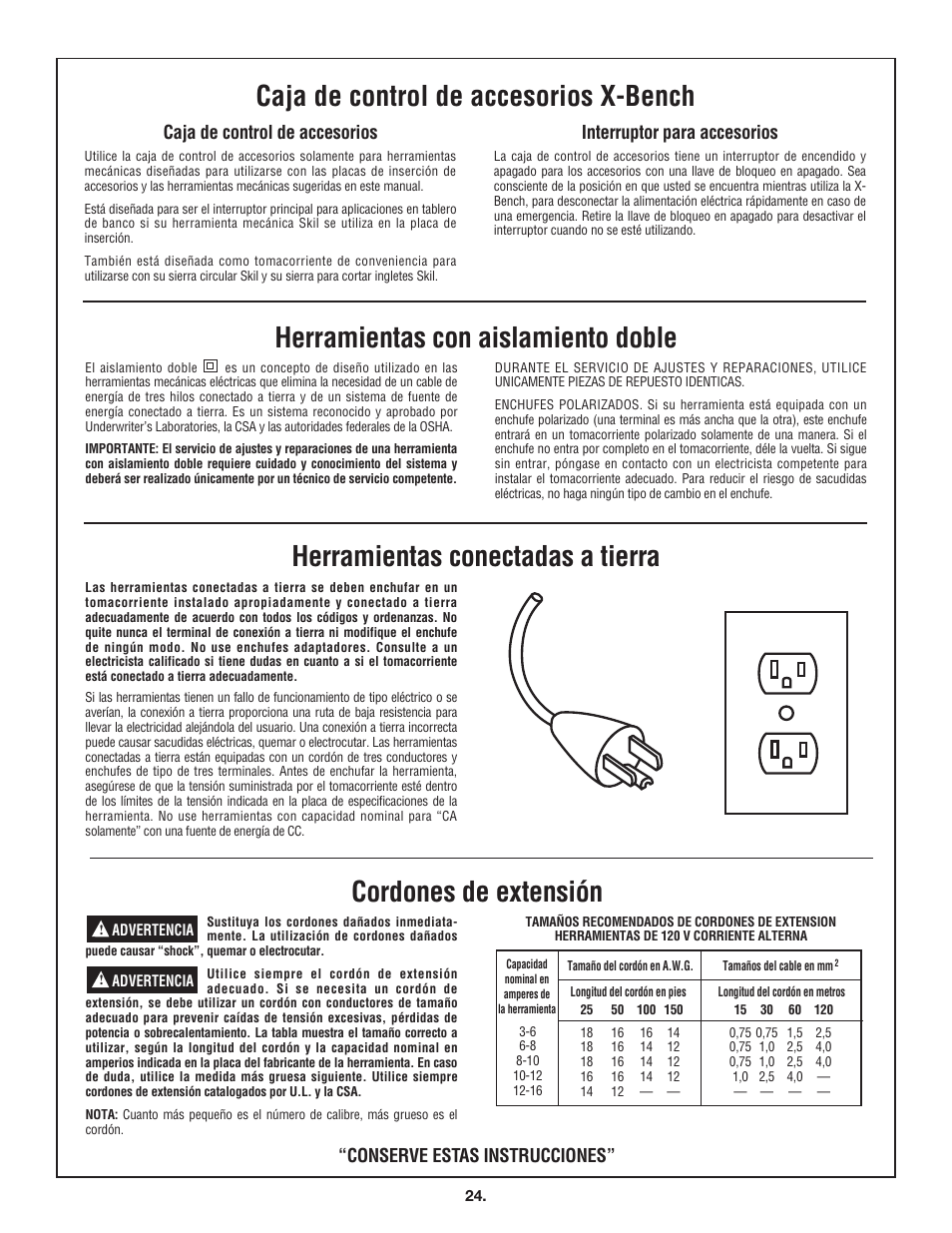 Caja de control de accesorios x-bench, Cordones de extensión, Caja de control de accesorios | Interruptor para accesorios, Conserve estas instrucciones | Skil 3100 User Manual | Page 24 / 32