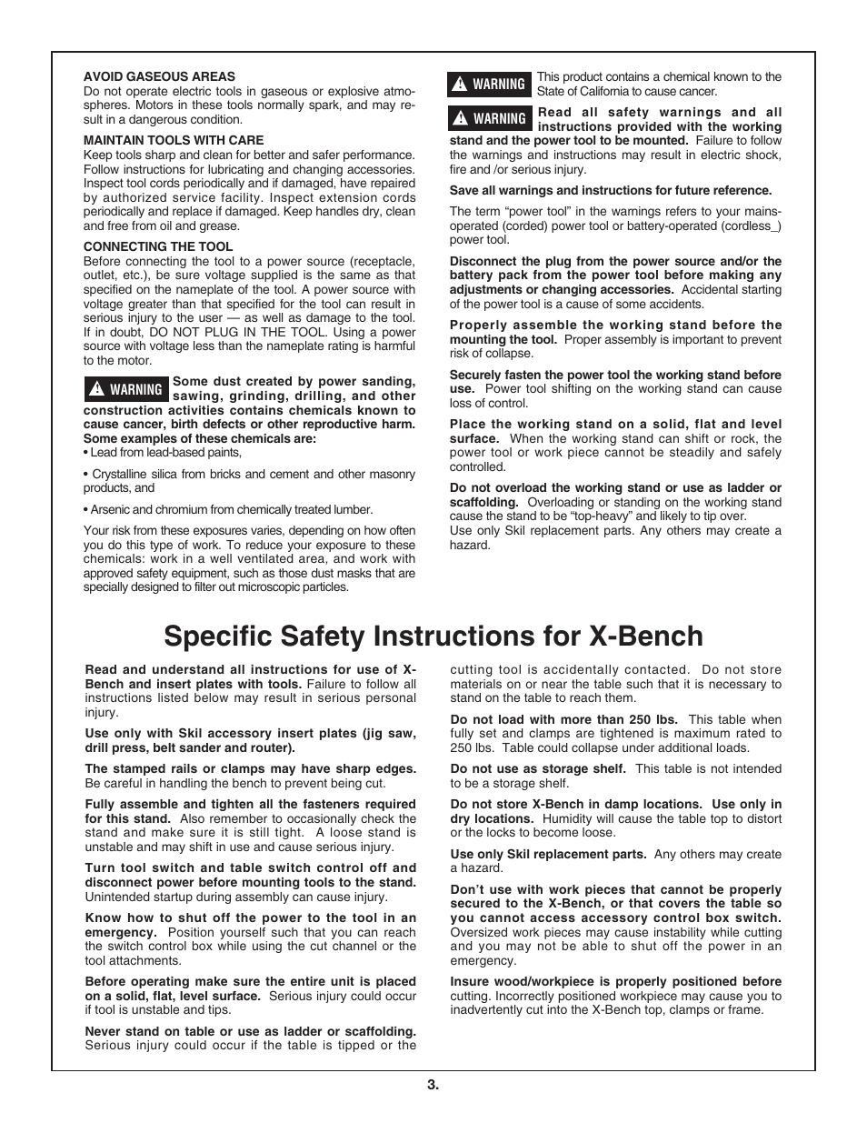 Specific safety instructions for x-bench | Skil 3100 User Manual | Page 3 / 32