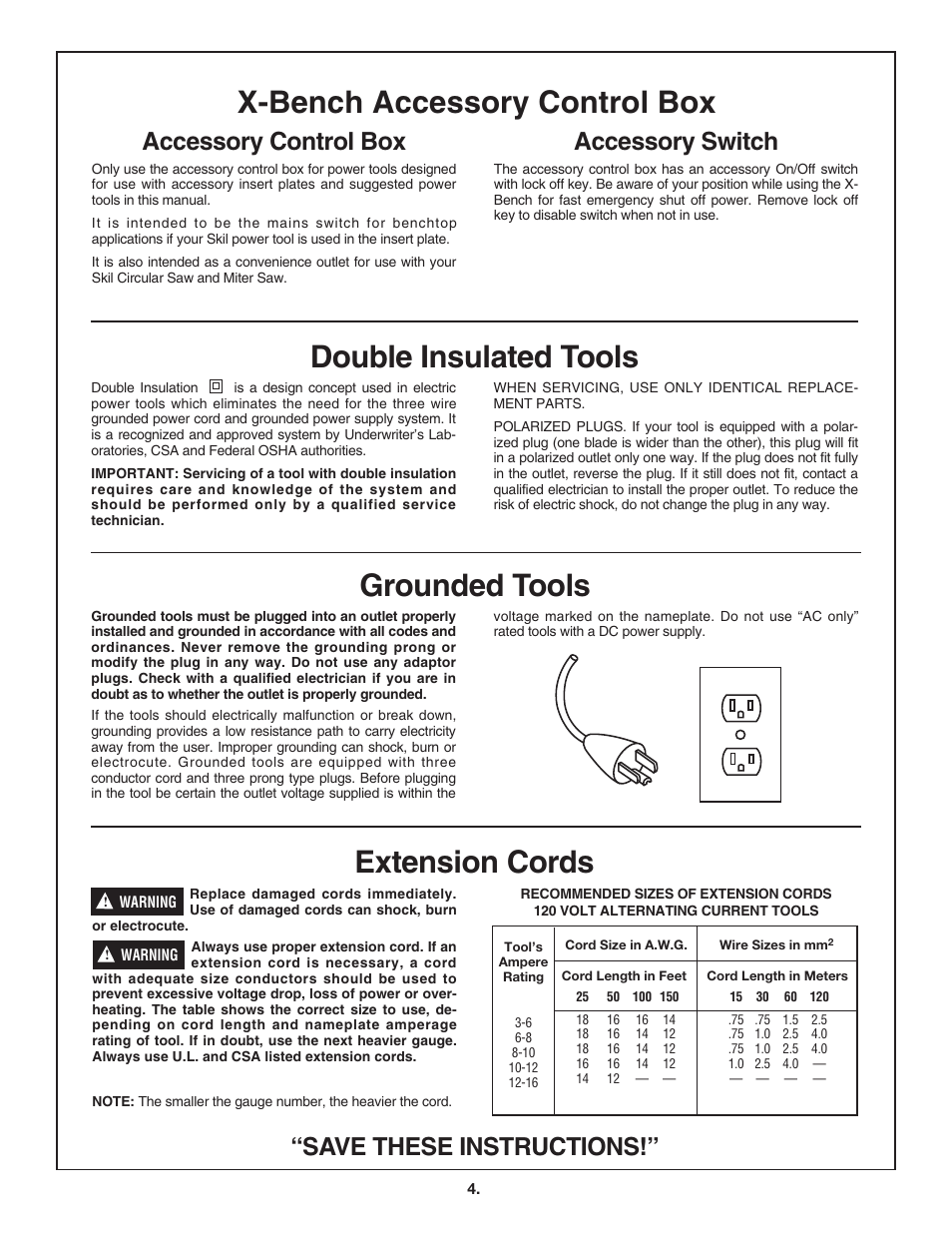 Double insulated tools extension cords, Grounded tools, X-bench accessory control box | Save these instructions, Accessory control box, Accessory switch | Skil 3100 User Manual | Page 4 / 32