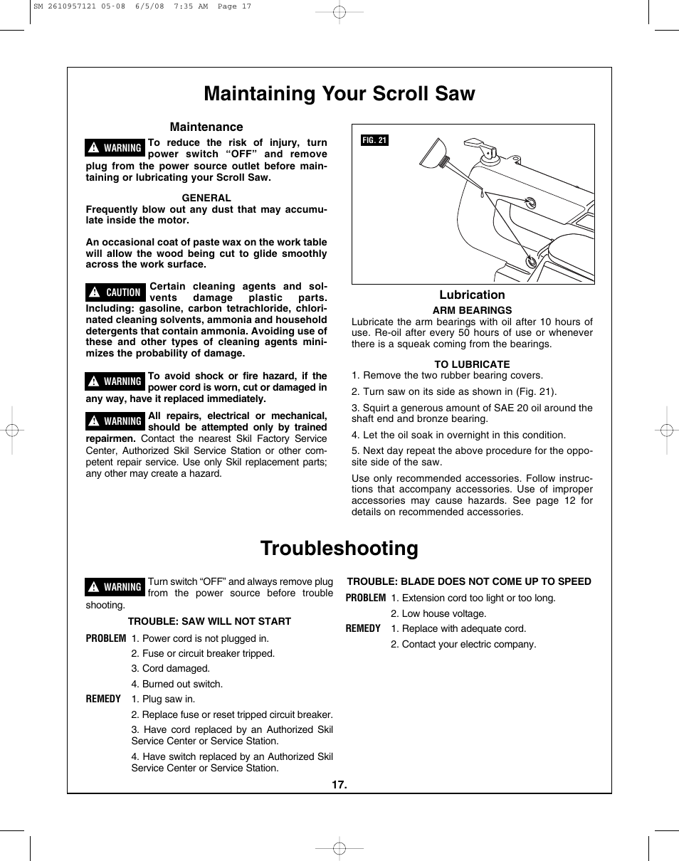 Maintaining your scroll saw troubleshooting | Skil 3335-01 User Manual | Page 17 / 52