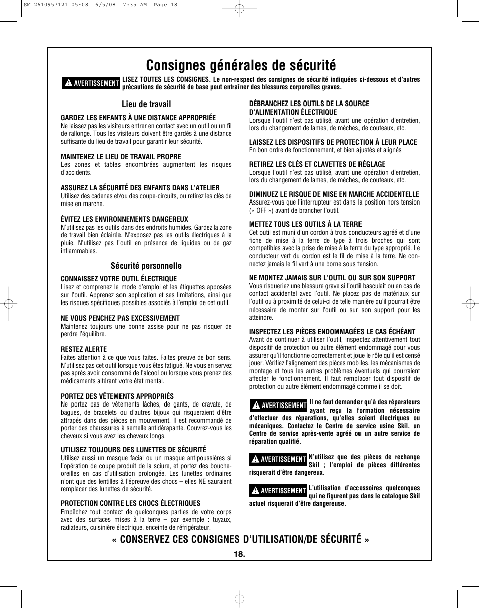 Consignes générales de sécurité, Conservez ces consignes d’utilisation/de sécurité, Lieu de travail | Sécurité personnelle | Skil 3335-01 User Manual | Page 18 / 52